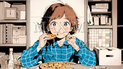 ピザを食べている若い女性