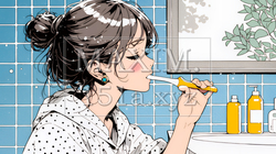洗面所で朝の歯磨きをする若い女性 | 6244033-16890