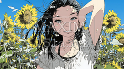 夏の晴天の日、ひまわりの畑を散策している黒髪の若い女性