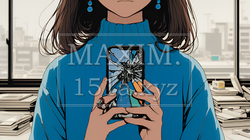 画面が壊れたスマホを手に持つ若い女性