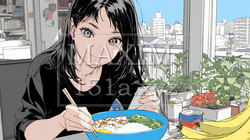 食事の最中もスマホを手放せない若い女性