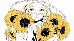 ひまわりと女性（シンプルな色使い）｜6315696-9067