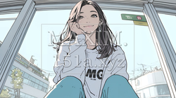 廊下の窓枠に腰掛けて考え事をしている若い女性
