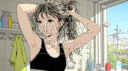 朝支度：洗面所で髪をまとめている若い女性 | 6285073-15544