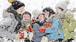 雪の日に家族で仲良く散歩に出かけている