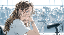 記者会見（共同取材）を開いている若い女性（タレント）