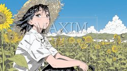真夏の青空のもと、ヒマワリ畑を散策している若い女性｜6486804-4801