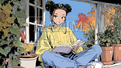 紅葉が見える窓辺に腰掛けて読書する若い女性