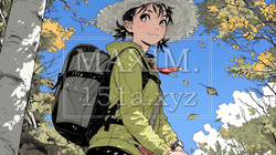 秋の野山をハイキングしている若い女性