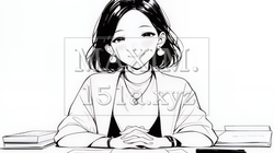 笑顔で面談対応中の女性マネージャー（シンプルな色使い）