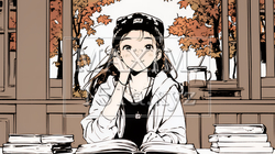 秋の読書を楽しむ若い女性｜静かで落ち着いた秋の日のイラストポートレート（シンプルな色使い）｜6454209-18123