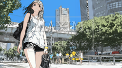 夏の昼下がり、白いドレスを着て街歩きをしている若い女性｜6476342-18003