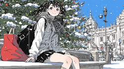ホワイトクリスマスの街を歩く若い女性 | 634813-6632