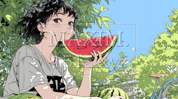 スイカを縁側で食べている若い女性