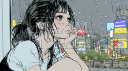 思案・反省・諦め；窓から流れ落ちる雨粒を見つめる若い女性 | 6366595-15324