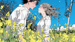 菜の花畑でデートをしている若いカップル｜6393968-10177