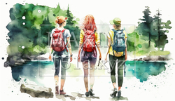 山にハイキングに来ている仲の良い若い女友達：水彩画 | 6368919-4357