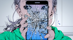 画面が壊れたスマホを手に持つ若い女性｜6254950-14390