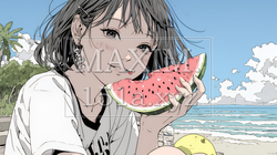 スイカを海辺て食べている若い女性 | 637756-9886