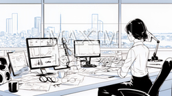 PCを使って企画を練っている女性（シンプルな色使い）