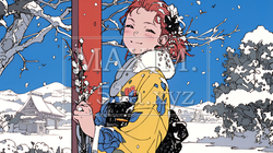 和服を着て初詣をしている若い女性