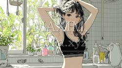 朝支度：洗面所で髪をまとめている若い女性 | 6392680-15533