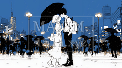 雨の中でデートするカップル（シンプルな色使い）