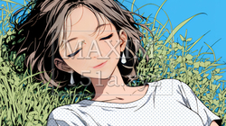 心地よさそうに地面に身を横たえる若い女性 | 6399736-15427