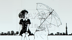 雨の中、友だちと話す女性（シンプルな色使い）