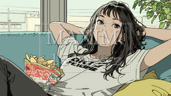 ポテトチップスをつまみながら、ひとりでビデオを観る若い女性 | 6401297-15883