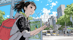 一人旅の旅先、街角で足を止めて道を確かめる若い女性 | 6423679-16616