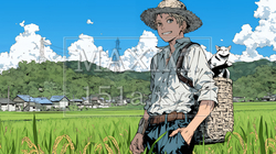 田んぼで農作業をしている男性