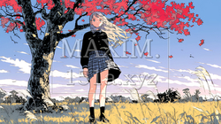 秋風と夕空と紅葉と若い女性