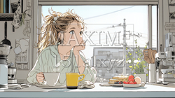 ゆったりした気分で朝食を一人で食べている若い女性 | 6452272-7941