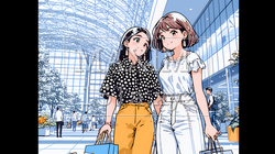 女友達と一緒にショッピングモールを歩き回る若い女性 | 6453618-16767