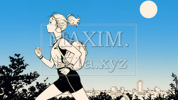 夕方の街並みを背景にジョギングをする若い女性（シンプルな色使い）