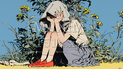 頭かくして尻かくさず：恥ずかしそうに顔を隠している女子高生。でもミニスカからお尻が見えそう。