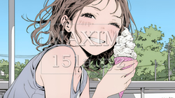 夏空の下でソフトクリーム（コーンに乗ったアイスクリーム）をたべる若い女性｜6660500-11365