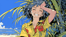 沖縄のかりゆしファッションを着て笑顔いっぱいの若い女性