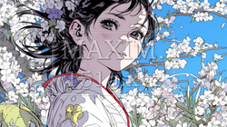 満開の桜の木の下を歩く若い女性