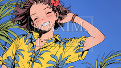 沖縄のかりゆしファッションを着て笑顔いっぱいの若い女性｜6780210-8688