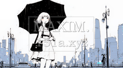 雨の中を歩く女性（シンプルな色使い）｜6601694-10192