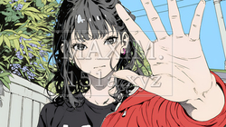 手のひらを相手に向けて見せるジェスチャーをして拒否の意思を表している若い女性｜6656843-11700