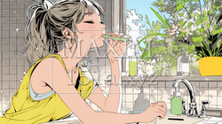 洗面所で朝の歯磨きをする若い女性 | 6568708-16899