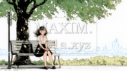 公園のベンチでひとり静かにくつろぐ若い女性（シンプルな色使い）