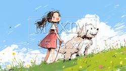 愛犬と散歩をしている女の子（クレヨン＋水彩画風）｜6491561-10881
