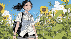 真夏の青空のもと、ヒマワリ畑を散策している若い女性｜6596294-8770