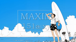 若い女性サーファーと夏のビーチの風景（シンプルな色使い）