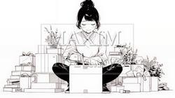引っ越しの荷造り・荷解きをしている若い女性（シンプルな色使い） | 659489-14912