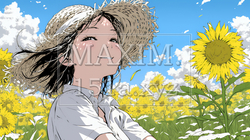 夏の晴天の日、ひまわりの畑を散策している若い女性｜6874020-10373